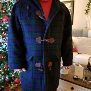 LLBEAN Wool Plaid Mens Toggle Hooded Coat Size L